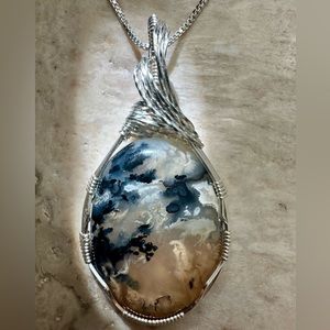 Sterling Silver Rare Plume Agate Necklace Pendant with a Druzy Crystal Pocket